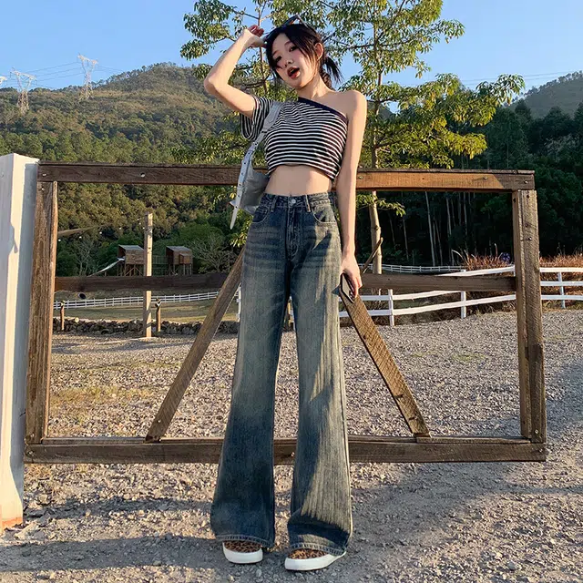 思蓓儿 磨白压痕设计高腰喇叭洗水牛仔裤 女款 复古蓝