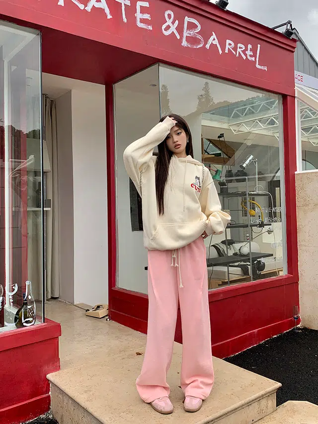 思蓓儿 美式卡通可爱猫咪印花连帽衫百搭简约落肩宽松休闲加绒上衣卫衣 女款