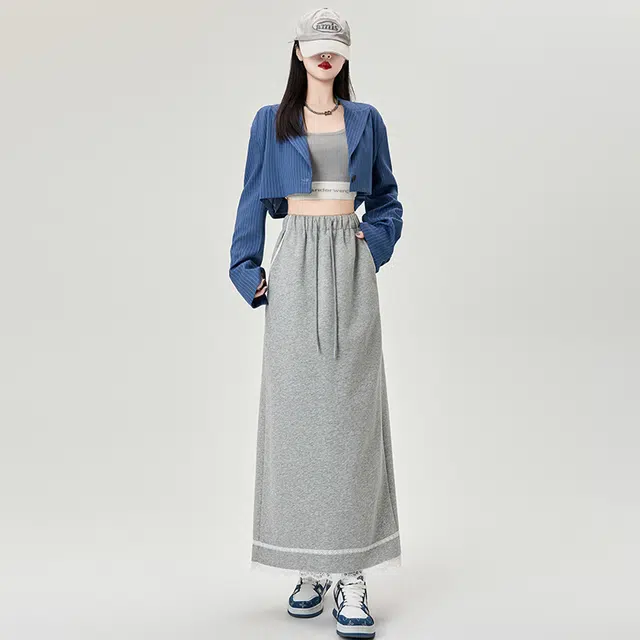 思蓓儿 蕾丝拼接后开叉高腰中长款抽绳舒适休闲长裙 女款
