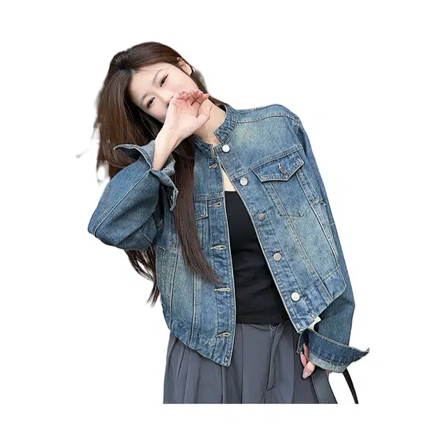 思蓓儿 韩版港风宽松设计感短款小众夹克上衣牛仔外套 女款 牛仔蓝