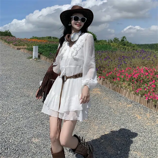 思蓓儿 韩版简约百搭舒适长袖连衣裙 女款 米白色