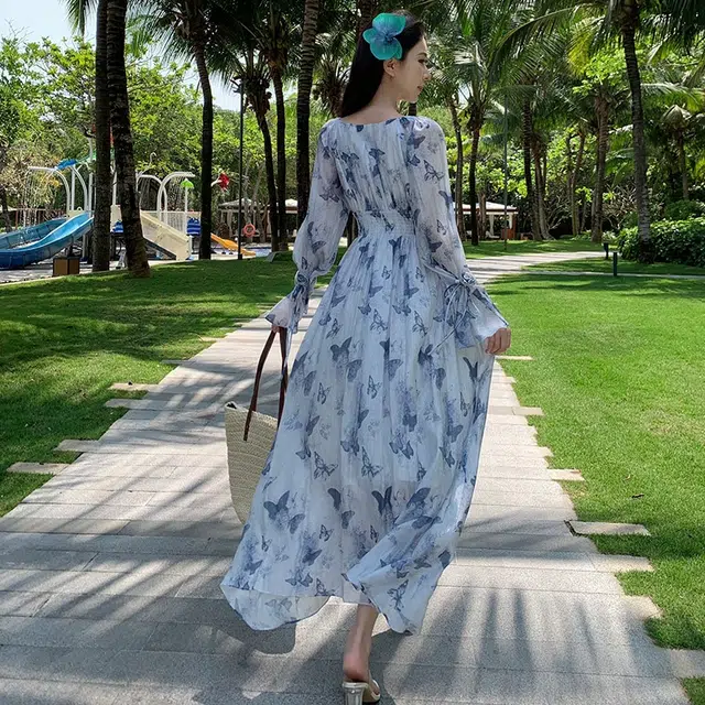 思蓓儿 法式碎花收腰气质长袖连衣裙 女款 蓝色