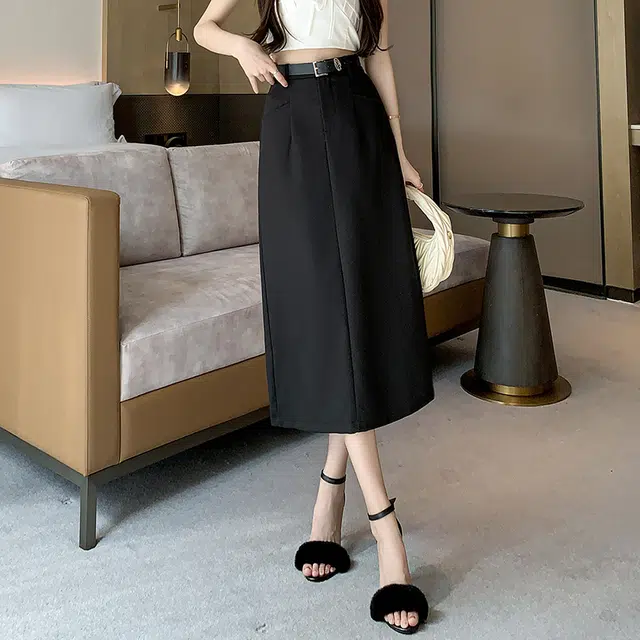 思蓓儿 韩版高腰复古直筒腰带修身休闲长裙 女款