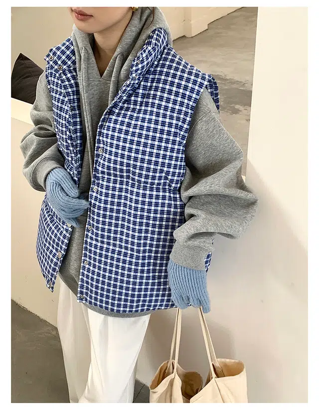 思蓓儿 橘子树在哪儿高级感超好看格子棉服秋冬季外穿立领马夹外套马甲 男女同款