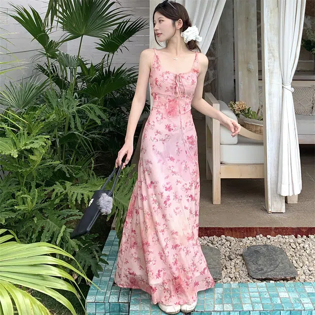 思蓓儿 碎花修身显瘦长裙子吊带连衣裙 女款 蔷薇粉
