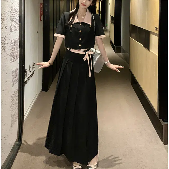 思蓓儿 梨形身材穿搭微胖遮肉半身裙裙装套装 女款 黑色