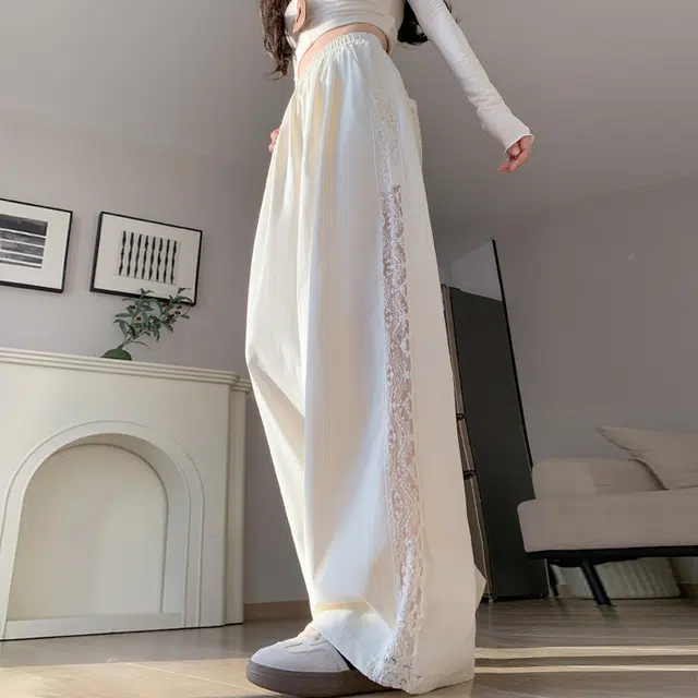 思蓓儿 纯色蕾丝薄款高腰拖地防晒冰丝阔腿休闲裤 女款
