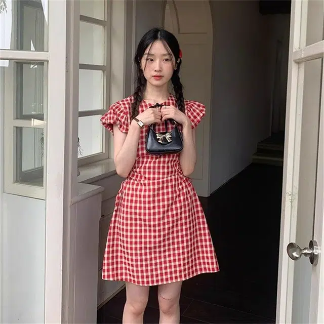 思蓓儿 辣妹格纹修身显瘦短袖连衣裙 女款