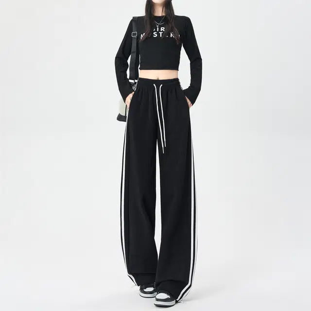 思蓓儿 高腰阔腿显瘦宽松直筒三杠卫裤休闲裤 女款