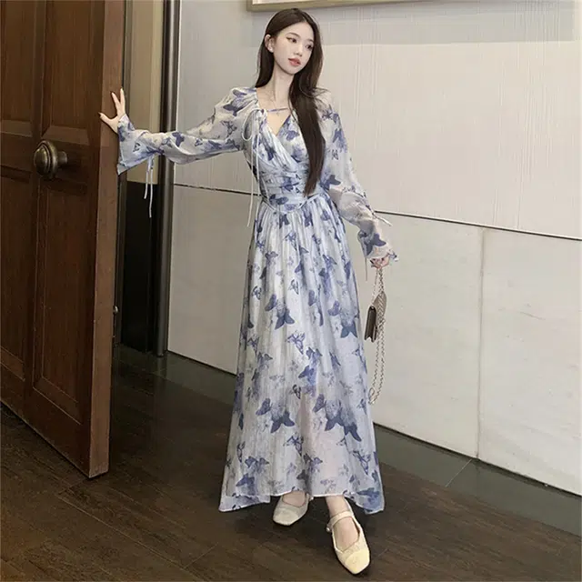 思蓓儿 法式碎花收腰气质长袖连衣裙 女款 蓝色