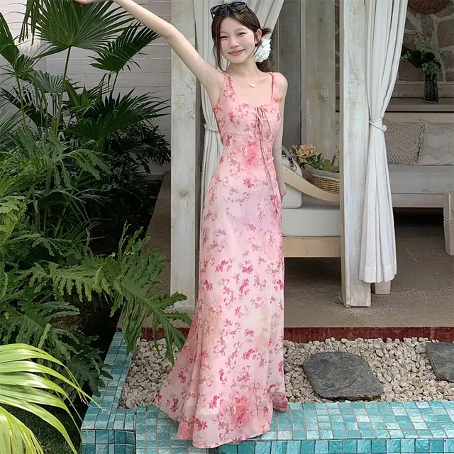 思蓓儿 碎花修身显瘦长裙子吊带连衣裙 女款 蔷薇粉