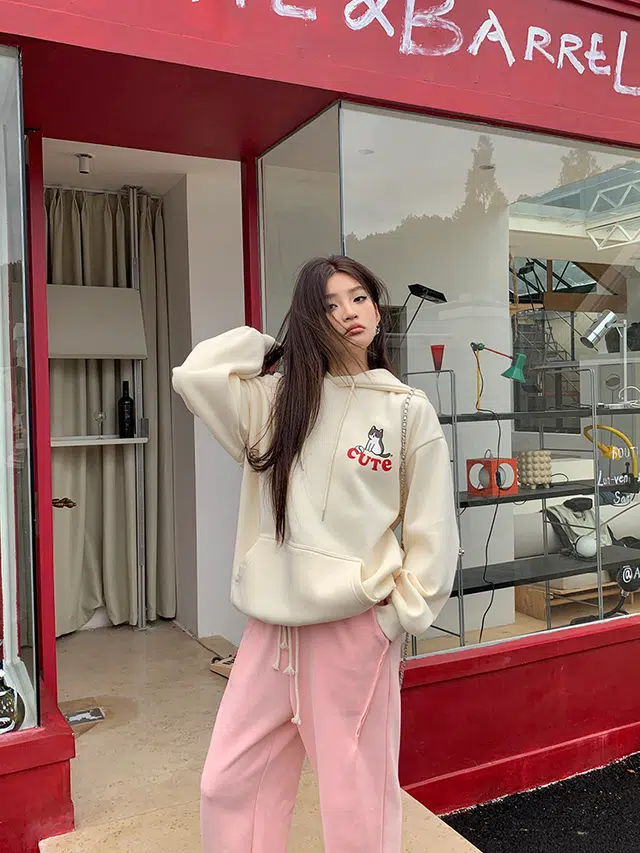 思蓓儿 美式卡通可爱猫咪印花连帽衫百搭简约落肩宽松休闲加绒上衣卫衣 女款