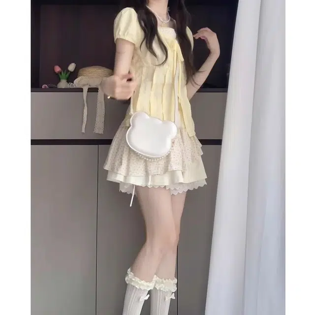 思蓓儿 衬衫法式碎花短袖甜美上衣不规则半身裙两件套裙装套装 女款