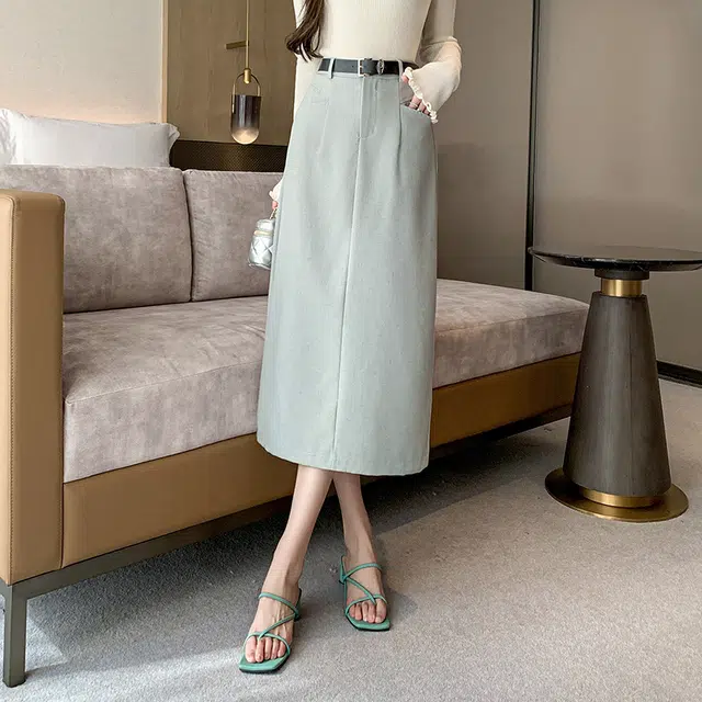 思蓓儿 韩版高腰复古直筒腰带修身休闲长裙 女款
