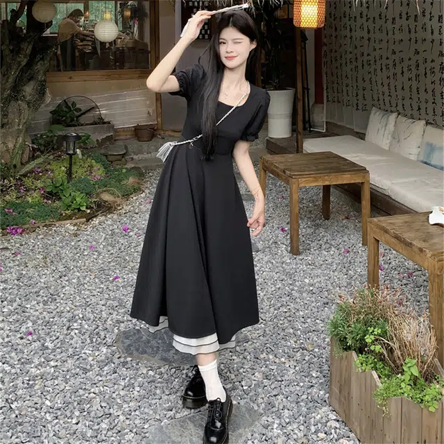 思蓓儿 法式赫本风高级感中长裙收腰显瘦裙子短袖连衣裙 女款 黑色