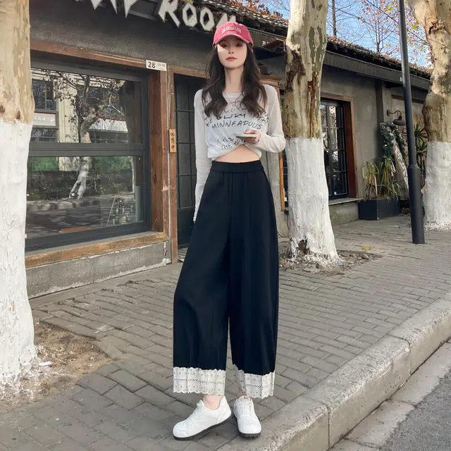 思蓓儿 小个子蕾丝拼接哈伦裤高腰宽松九分休闲裤 女款