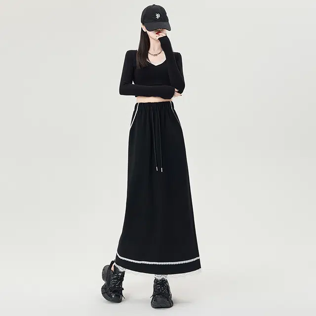 思蓓儿 蕾丝拼接后开叉高腰中长款抽绳舒适休闲长裙 女款