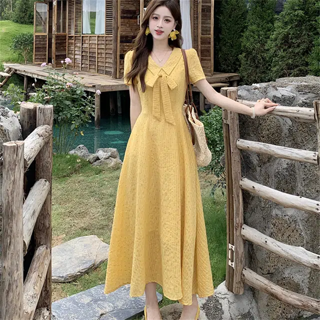 思蓓儿 少女日记甜美风长裙学院风蝴蝶结短袖连衣裙 女款