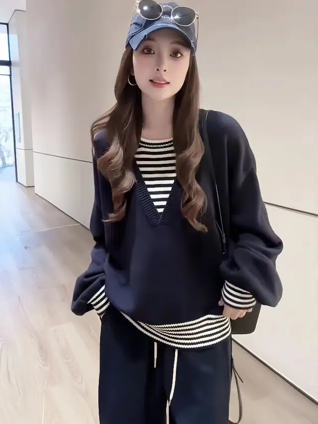 思蓓儿 慵懒风假两件拼接条纹撞色秋冬气质宽松针织衫  女款