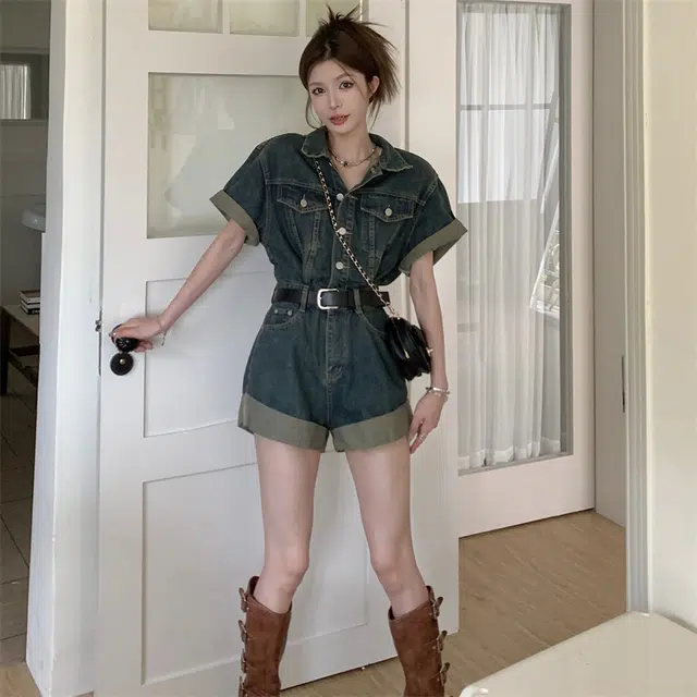 思蓓儿 时尚收腰牛仔连体裤 女款 怀旧色配皮带