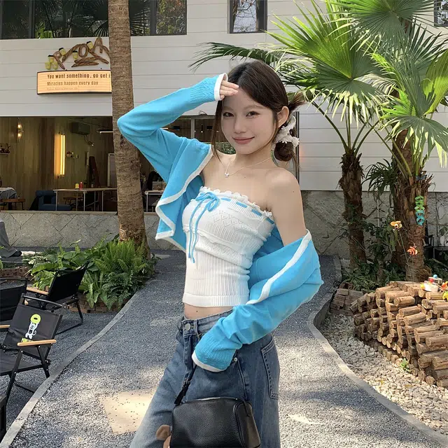 思蓓儿 度假风长袖辣妹系带别致抹胸背心女时尚套装针织衫 女款