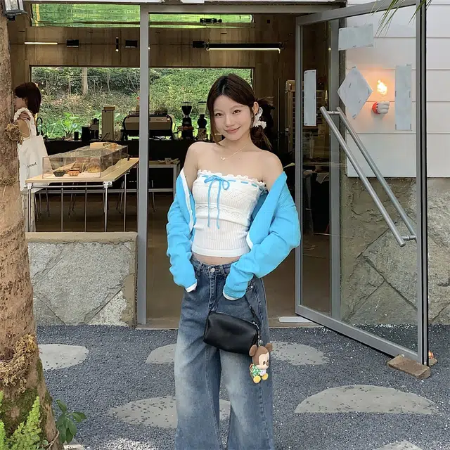 思蓓儿 度假风长袖辣妹系带别致抹胸背心女时尚套装针织衫 女款