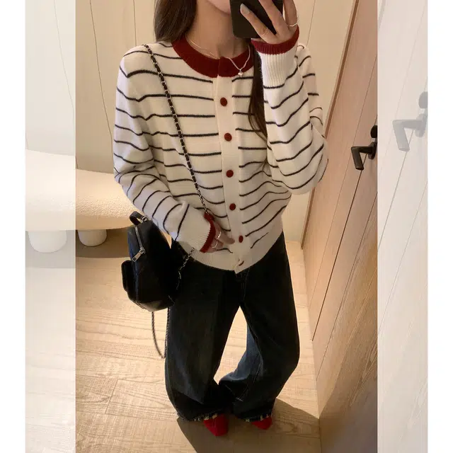 思蓓儿 圆领条纹拼接撞色长袖开衫女秋宽松显瘦外套针织衫 女款