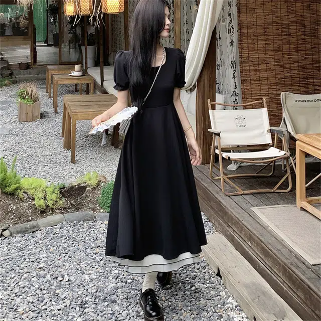 思蓓儿 法式赫本风高级感中长裙收腰显瘦裙子短袖连衣裙 女款 黑色