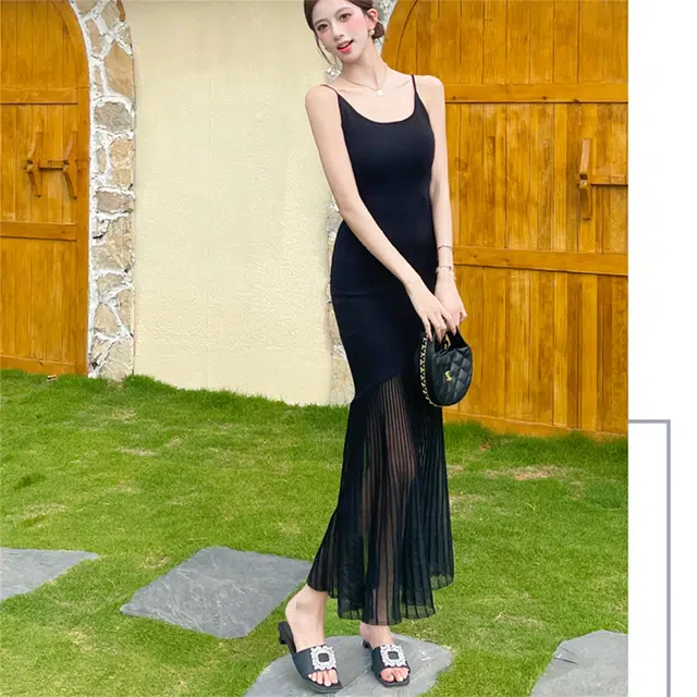 思蓓儿 气质拼接收腰包臀修身鱼尾针织长裙吊带连衣裙 女款