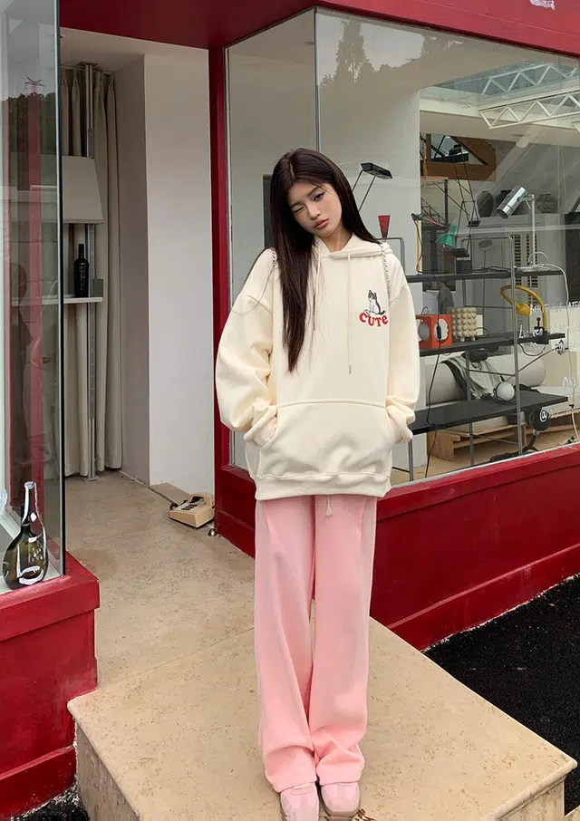 思蓓儿 美式卡通可爱猫咪印花连帽衫百搭简约落肩宽松休闲加绒上衣卫衣 女款