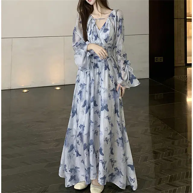 思蓓儿 法式碎花收腰气质长袖连衣裙 女款 蓝色