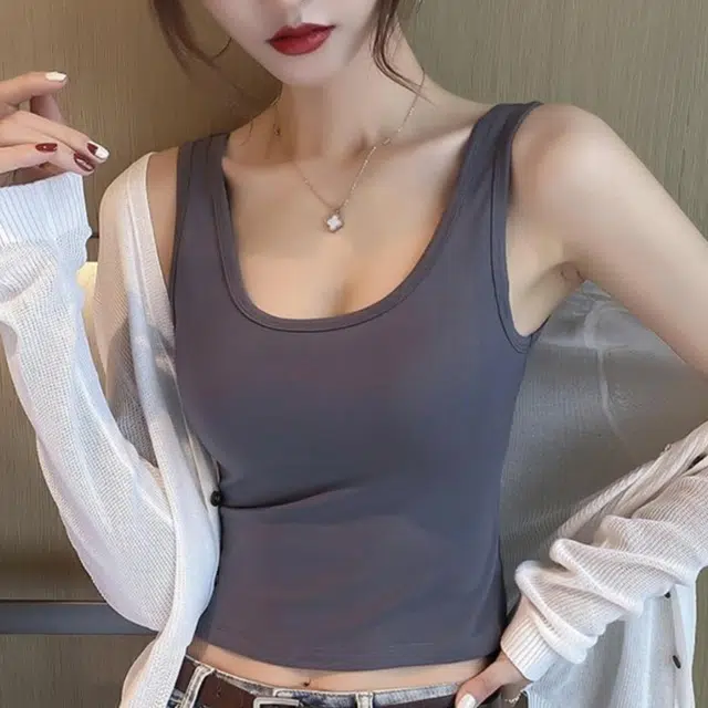 浪莎 纯棉别致无袖上衣设计感外穿内搭美背背心 女款 黑色