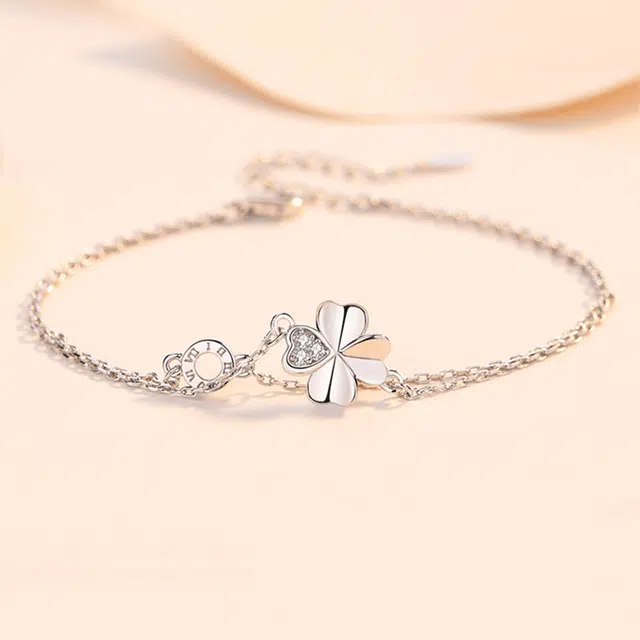 【999足银纯银 幸运四叶草】 福韵金 六桂福 好运草罗马数字圆环轻奢简约高级百搭闪耀精致甜美温柔日常通勤 银 手链 女款