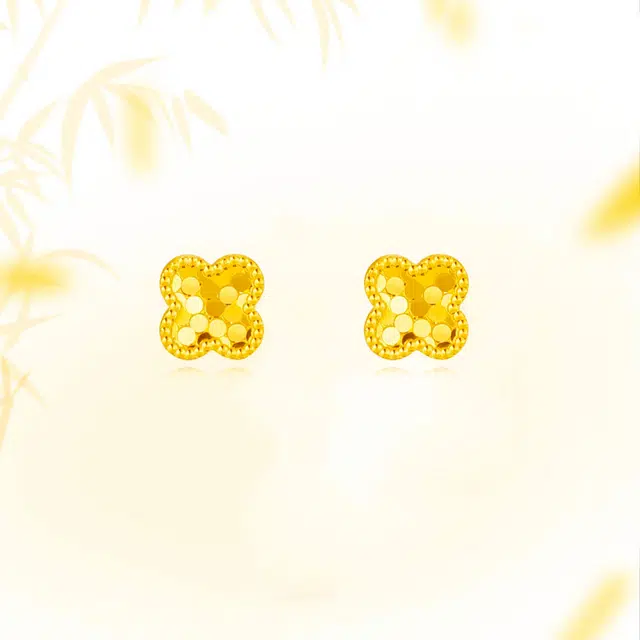 【999足金纯金】 福韵金 幸运四叶草耳饰招财转运法式优雅美学纯净氛围感精致简约气质轻奢小众设计养耳洞耳环 黄金 一口价 耳钉 女款