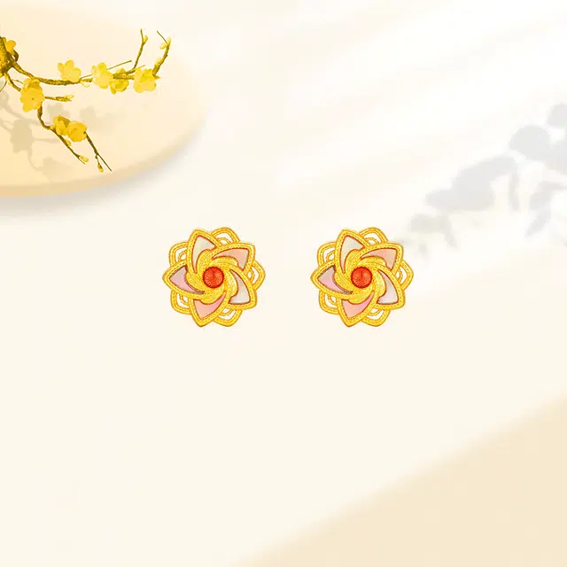 【999足金纯金】 福韵金 金钿绮梦系列 幻梦星芒耳环古典气质优雅小众设计精致百搭耳饰 黄金 一口价 耳钉 女款