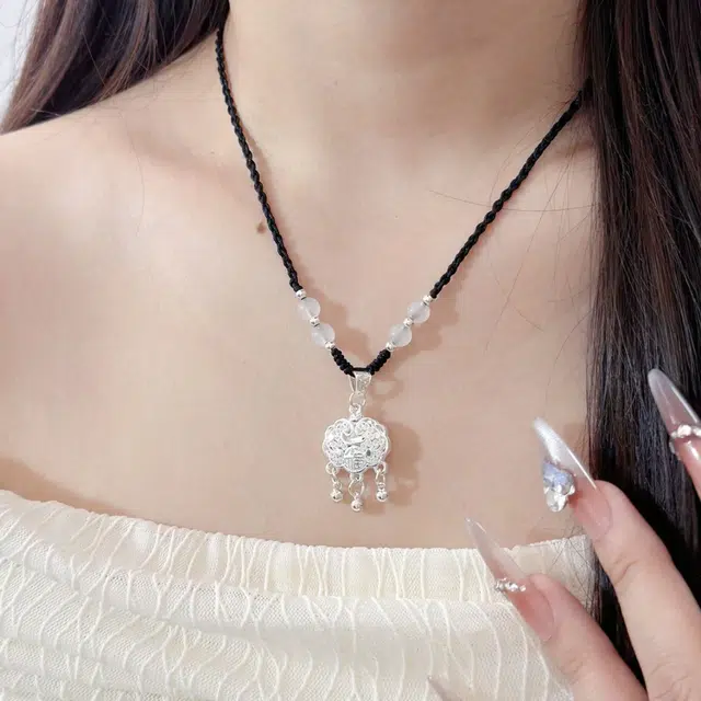 【999纯银丨平安顺遂丨赠告白卡片】 福韵金 六桂福珠宝 长命锁新中式国风国潮编织绳吊坠平安扣百搭高级显白气质优雅好运 足银 项链 女款