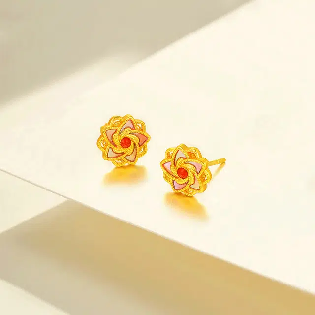 【999足金纯金】 福韵金 金钿绮梦系列 幻梦星芒耳环古典气质优雅小众设计精致百搭耳饰 黄金 一口价 耳钉 女款