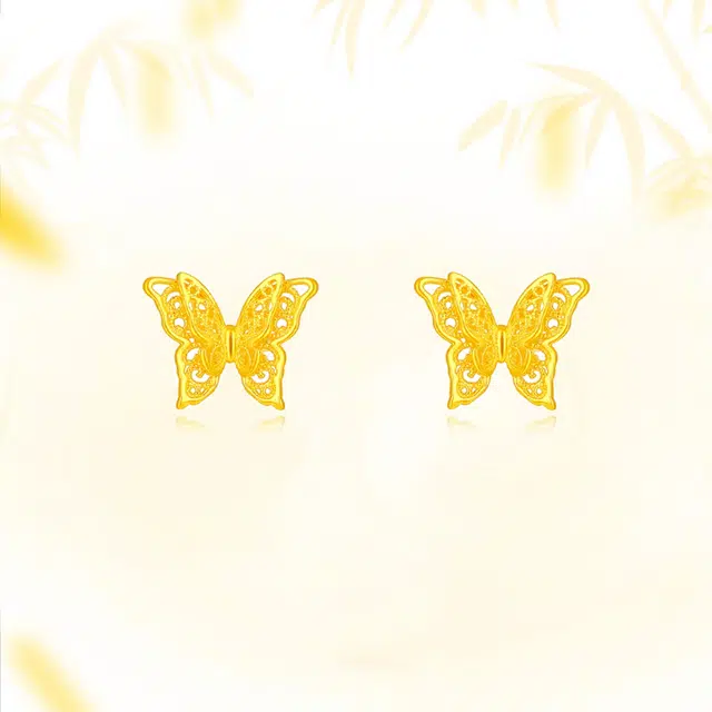 【999足金纯金】 福韵金 镂空蝴蝶耳饰法式优雅美学纯净氛围感精致简约气质轻奢小众设计养耳洞耳环 黄金 一口价 耳钉 女款