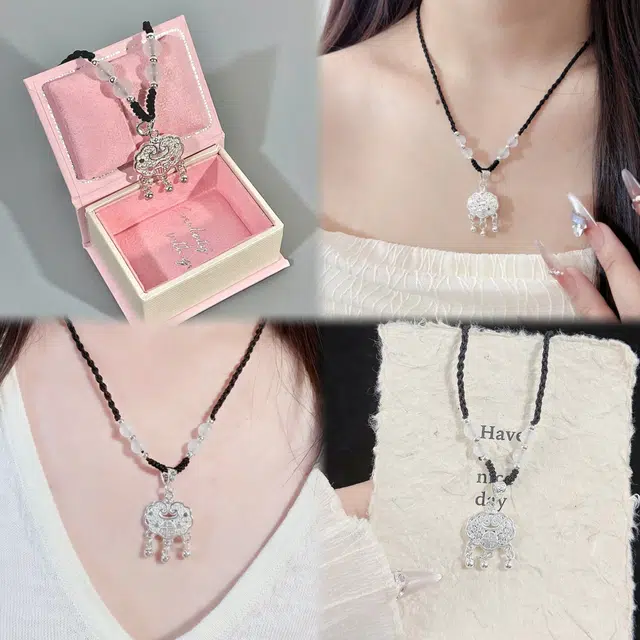 【999纯银丨平安顺遂丨赠告白卡片】 福韵金 六桂福珠宝 长命锁新中式国风国潮编织绳吊坠平安扣百搭高级显白气质优雅好运 足银 项链 女款