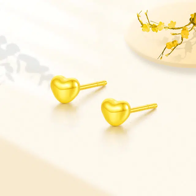【999足金纯金】 福韵金 在逃公主爱心耳饰法式优雅美学纯净氛围感精致简约气质轻奢小众设计养耳洞耳环 黄金 一口价 耳钉 女款