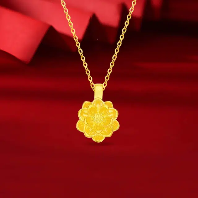 【免费定制刻字】六桂福 福韵金 花开富贵好运莲莲吊坠莲花锁骨链新中式国风小众设计精致气质转运珠纯金 足金 一口价 项链 女款