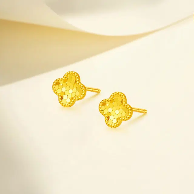 【999足金纯金】 福韵金 幸运四叶草耳饰招财转运法式优雅美学纯净氛围感精致简约气质轻奢小众设计养耳洞耳环 黄金 一口价 耳钉 女款
