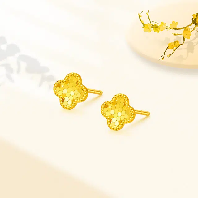 【999足金纯金】 福韵金 幸运四叶草耳饰招财转运法式优雅美学纯净氛围感精致简约气质轻奢小众设计养耳洞耳环 黄金 一口价 耳钉 女款