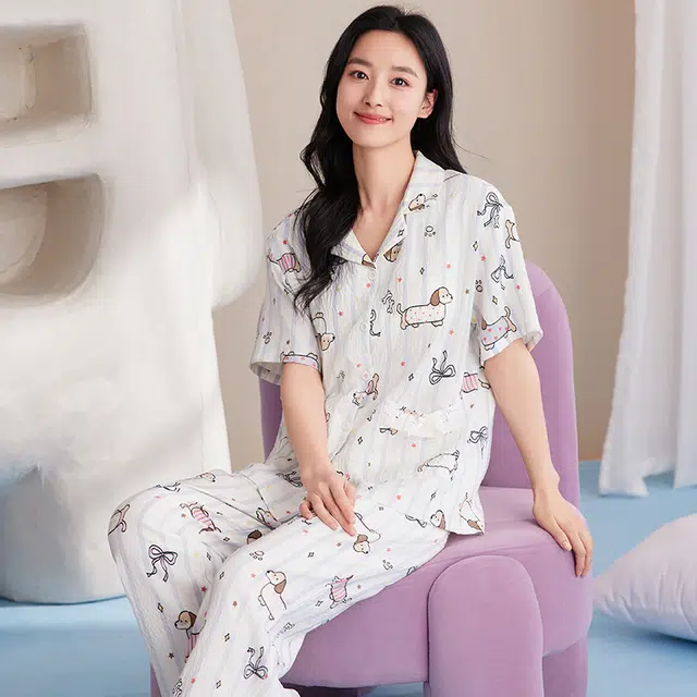 卡绚 翻领短袖甜美休闲舒适家居服可外穿睡衣套装 女款