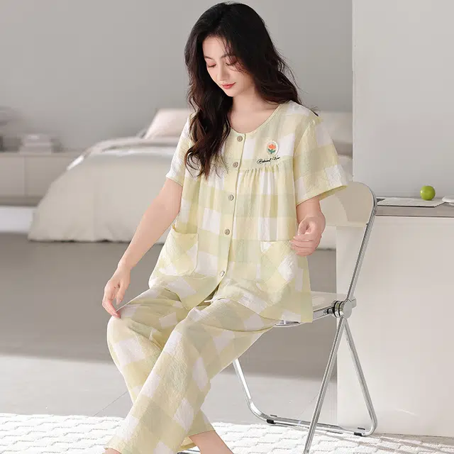 卡绚 简约短袖长裤大码休闲舒适家居服可外穿睡衣套装 女款