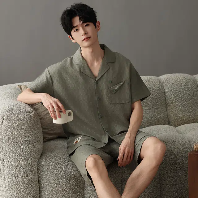 卡绚 短袖简约开衫休闲家居服可外穿睡衣套装 男款