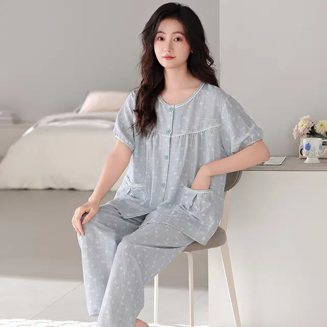 卡绚 休闲简约短袖长裤家居服大码可外穿睡衣套装 女款