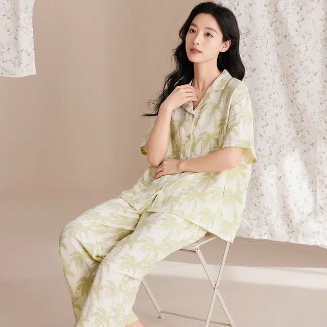 卡绚 翻领五分袖短裤长裤三件套舒适家居服可外穿夏季睡衣套装 女款