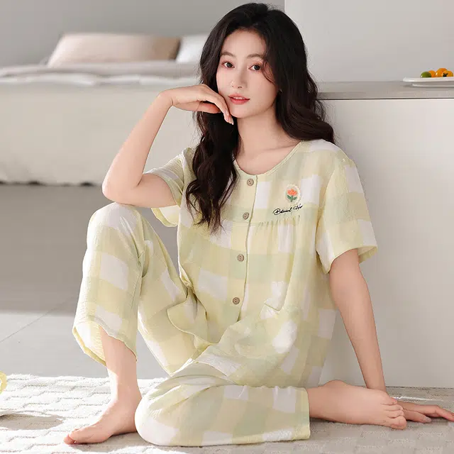 卡绚 简约短袖长裤大码休闲舒适家居服可外穿睡衣套装 女款