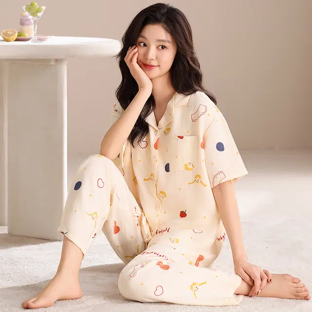 卡绚 云朵纯棉翻领短袖短裤长裤三件套甜美家居服睡衣套装 女款
